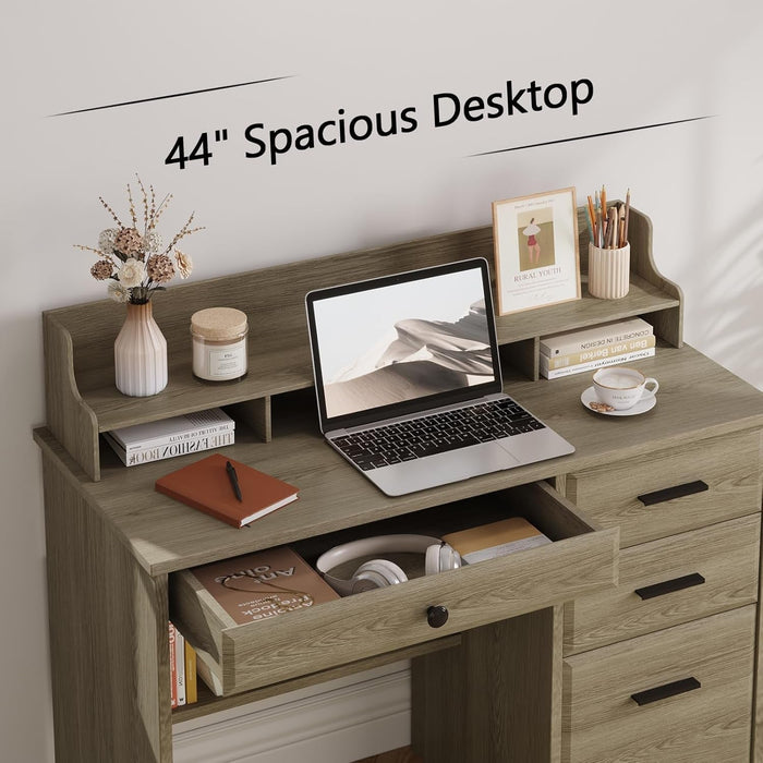 Computer Desk with Drawers, Farmhouse Home Office Desk with Monitor Stand and File Drawer, Wood Simple PC Desk with Storage, Writing Desk for Bedroom, Grey - ShipItFurniture