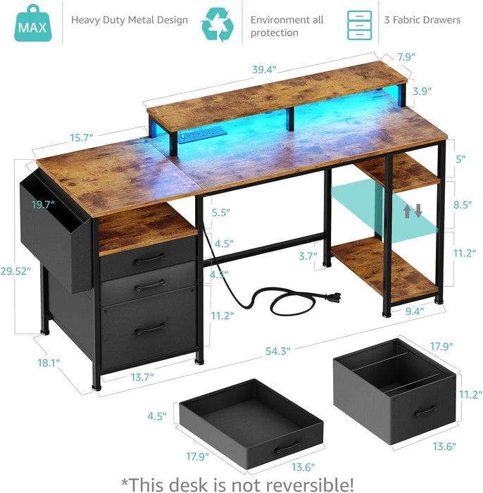 Computer Desk with Fabric File Drawers Cabinet, 55 Inch Home Office Desk with Shelves Monitor Stand, Study Writing Gaming Desks with Led Lights and Power Outlets for Bedroom, Rustic Brown - ShipItFurniture