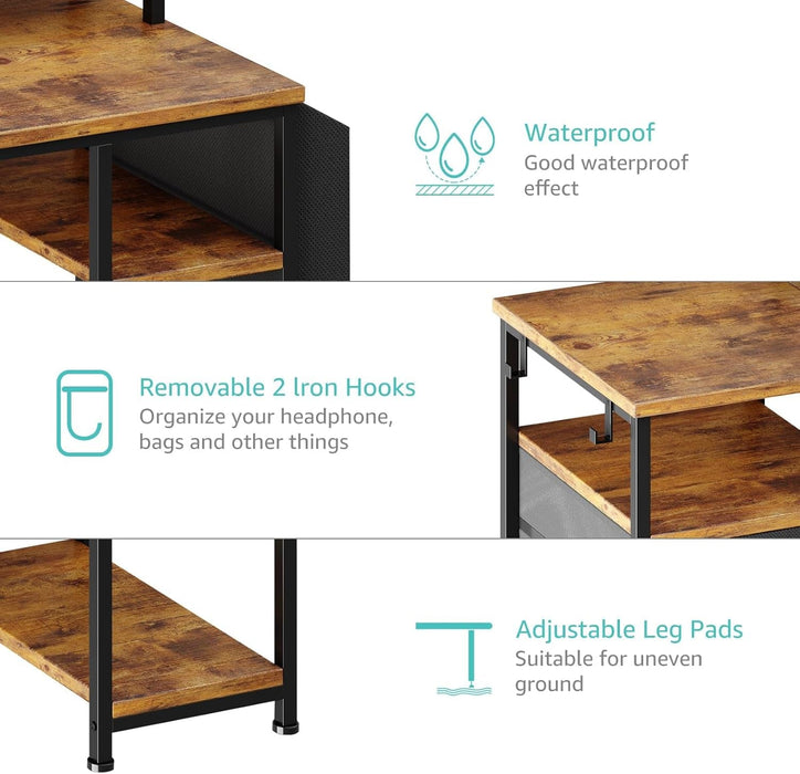 Computer Desk with Fabric File Drawers Cabinet, 55 Inch Home Office Desk with Shelves Monitor Stand, Study Writing Gaming Desks with Led Lights and Power Outlets for Bedroom, Rustic Brown - ShipItFurniture