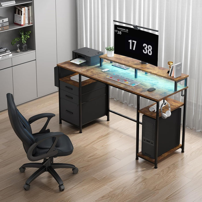 Computer Desk with Fabric File Drawers Cabinet, 55 Inch Home Office Desk with Shelves Monitor Stand, Study Writing Gaming Desks with Led Lights and Power Outlets for Bedroom, Rustic Brown - ShipItFurniture
