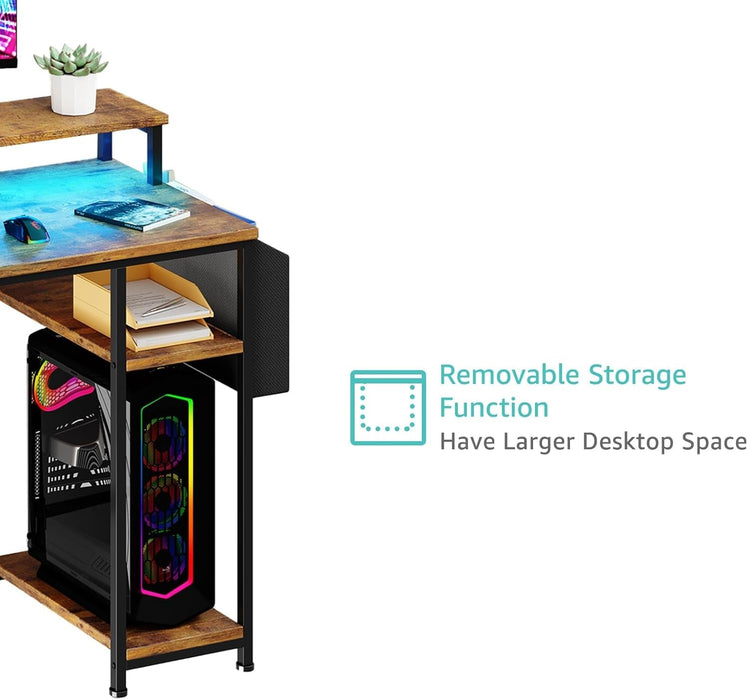 Computer Desk with Fabric File Drawers Cabinet, 55 Inch Home Office Desk with Shelves Monitor Stand, Study Writing Gaming Desks with Led Lights and Power Outlets for Bedroom, Rustic Brown - ShipItFurniture