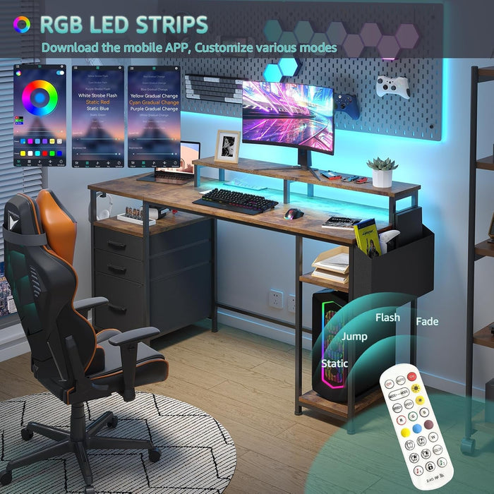 Computer Desk with Fabric File Drawers Cabinet, 55 Inch Home Office Desk with Shelves Monitor Stand, Study Writing Gaming Desks with Led Lights and Power Outlets for Bedroom, Rustic Brown - ShipItFurniture