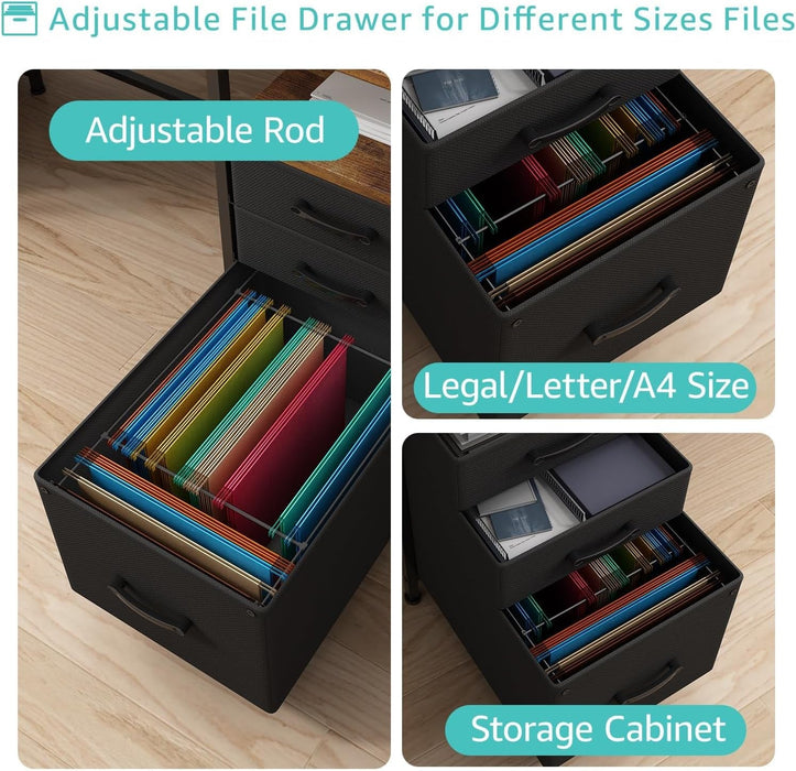 Computer Desk with Fabric File Drawers Cabinet, 55 Inch Home Office Desk with Shelves Monitor Stand, Study Writing Gaming Desks with Led Lights and Power Outlets for Bedroom, Rustic Brown - ShipItFurniture