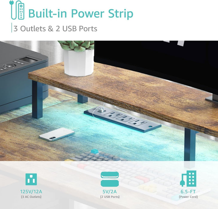 Computer Desk with Fabric File Drawers Cabinet, 55 Inch Home Office Desk with Shelves Monitor Stand, Study Writing Gaming Desks with Led Lights and Power Outlets for Bedroom, Rustic Brown - ShipItFurniture