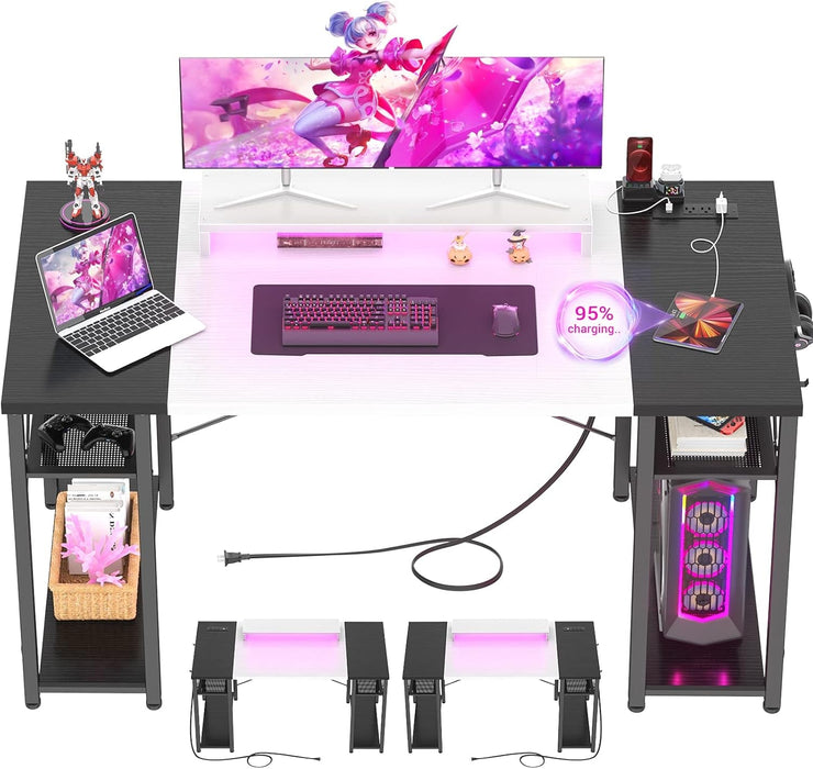 Computer Desk with LED Lights, 55 Inch Desk with Power Outlet and USB, Reversible Large Desk with Moveable Monitor Stand, 55.2'' Gaming PC Table for Home Office, Workstation, White and Black - ShipItFurniture