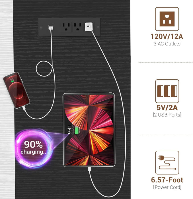 Computer Desk with LED Lights, 55 Inch Desk with Power Outlet and USB, Reversible Large Desk with Moveable Monitor Stand, 55.2'' Gaming PC Table for Home Office, Workstation, White and Black - ShipItFurniture