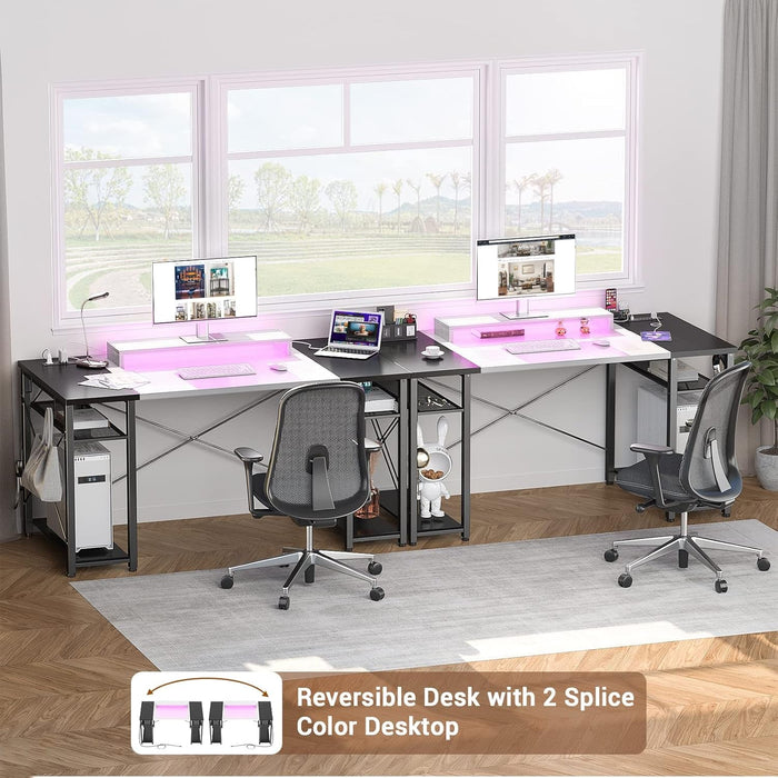 Computer Desk with LED Lights, 55 Inch Desk with Power Outlet and USB, Reversible Large Desk with Moveable Monitor Stand, 55.2'' Gaming PC Table for Home Office, Workstation, White and Black - ShipItFurniture