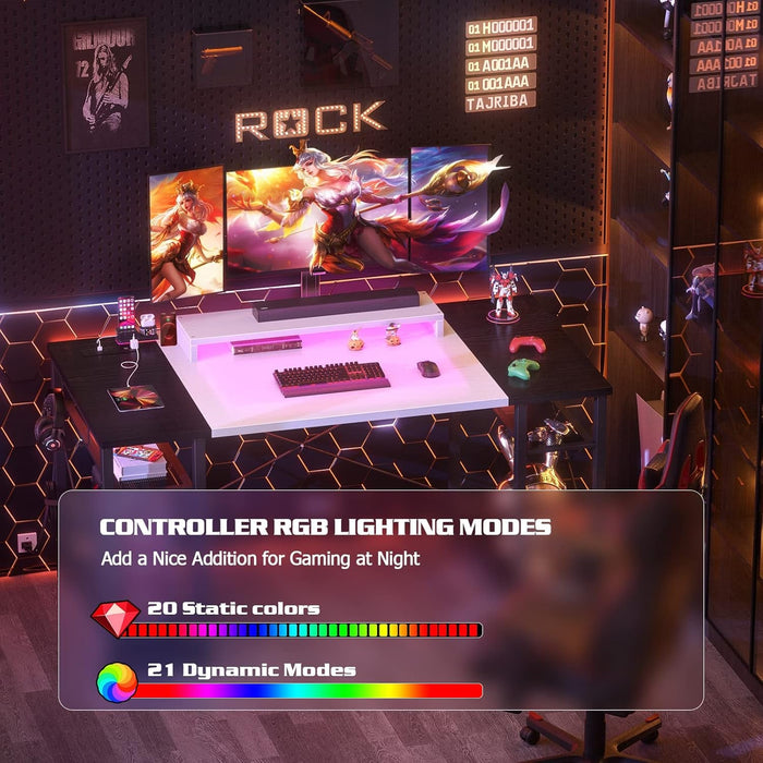 Computer Desk with LED Lights, 55 Inch Desk with Power Outlet and USB, Reversible Large Desk with Moveable Monitor Stand, 55.2'' Gaming PC Table for Home Office, Workstation, White and Black - ShipItFurniture