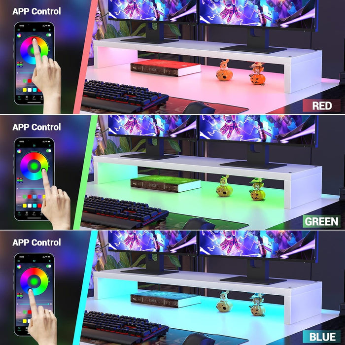 Computer Desk with LED Lights, 55 Inch Desk with Power Outlet and USB, Reversible Large Desk with Moveable Monitor Stand, 55.2'' Gaming PC Table for Home Office, Workstation, White and Black - ShipItFurniture