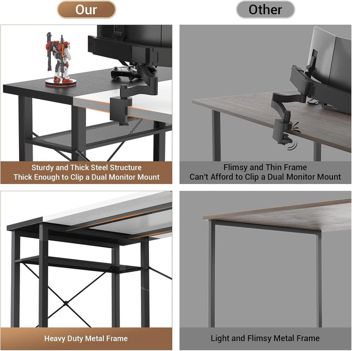 Computer Desk with LED Lights, 55 Inch Desk with Power Outlet and USB, Reversible Large Desk with Moveable Monitor Stand, 55.2'' Gaming PC Table for Home Office, Workstation, White and Black - ShipItFurniture