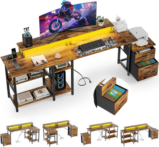 Computer Desk with Storage,Home Office Large Customizable Reversible L Shaped Gaming Desks with Power Outlets & LED Lights, Corner Gaming Table with Monitor Stand, 69.3" Long Desk,Vintage - ShipItFurniture