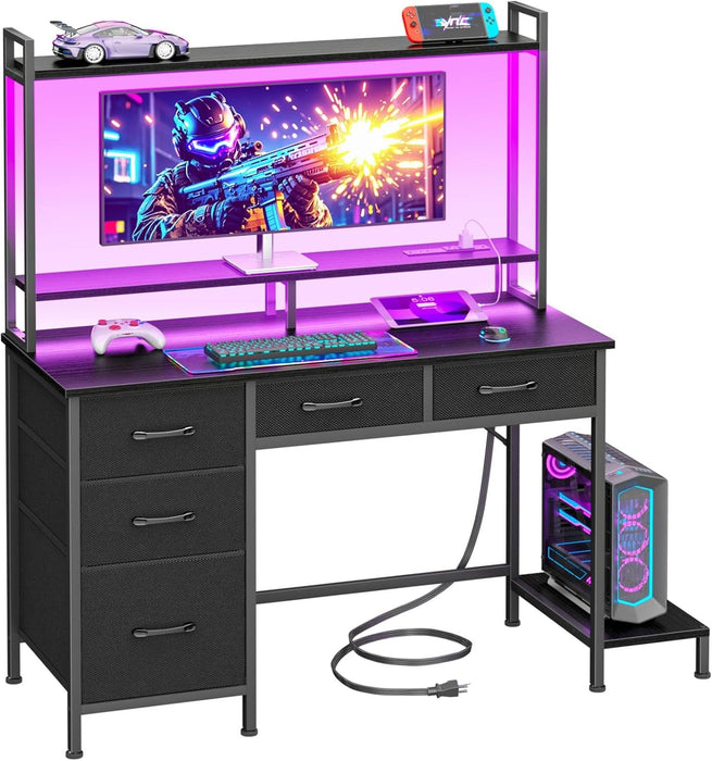 Computer Gaming Desk with Hutch, Home Office Desk with Power Outlets, LED Light, 5 Storage Drawers, 2 Tiers Shelves for Display, 39 Inch Modern Study Writing Table for Bedroom, Black - ShipItFurniture
