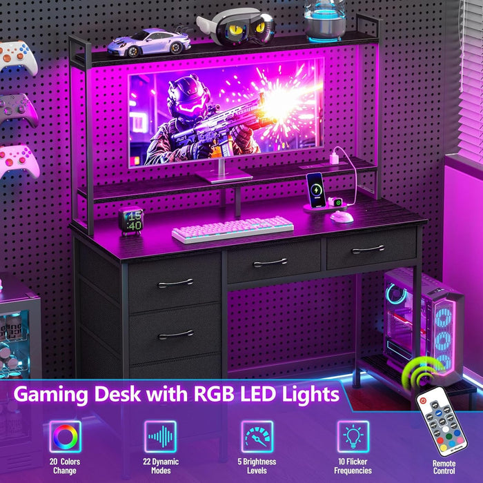Computer Gaming Desk with Hutch, Home Office Desk with Power Outlets, LED Light, 5 Storage Drawers, 2 Tiers Shelves for Display, 39 Inch Modern Study Writing Table for Bedroom, Black - ShipItFurniture