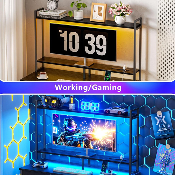 Computer Gaming Desk with Hutch, Home Office Desk with Power Outlets, LED Light, 5 Storage Drawers, 2 Tiers Shelves for Display, 39 Inch Modern Study Writing Table for Bedroom, Black - ShipItFurniture