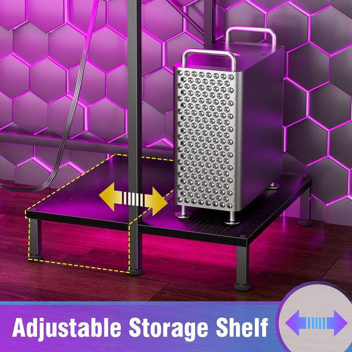 Computer Gaming Desk with Hutch, Home Office Desk with Power Outlets, LED Light, 5 Storage Drawers, 2 Tiers Shelves for Display, 39 Inch Modern Study Writing Table for Bedroom, Black - ShipItFurniture