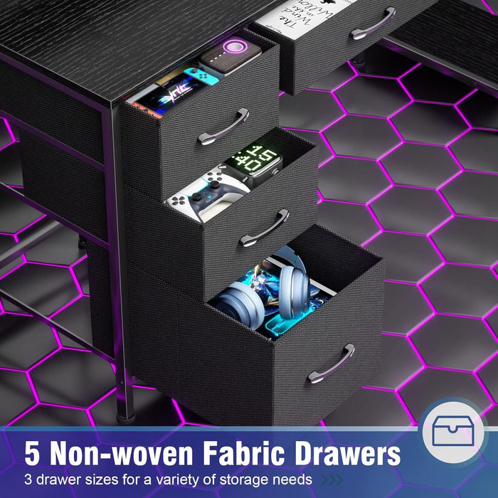 Computer Gaming Desk with Hutch, Home Office Desk with Power Outlets, LED Light, 5 Storage Drawers, 2 Tiers Shelves for Display, 39 Inch Modern Study Writing Table for Bedroom, Black - ShipItFurniture