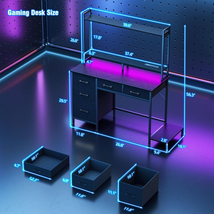 Computer Gaming Desk with Hutch, Home Office Desk with Power Outlets, LED Light, 5 Storage Drawers, 2 Tiers Shelves for Display, 39 Inch Modern Study Writing Table for Bedroom, Black - ShipItFurniture