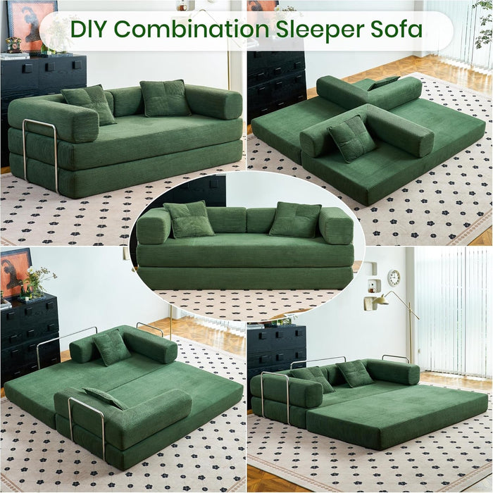 Convertible Floor Sofa Bed Comfy Corduroy Design Green - ShipItFurniture