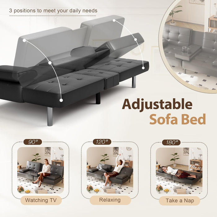 Convertible Futon Sofa Bed with Adjustable Backrest and Cup Holders - ShipItFurniture