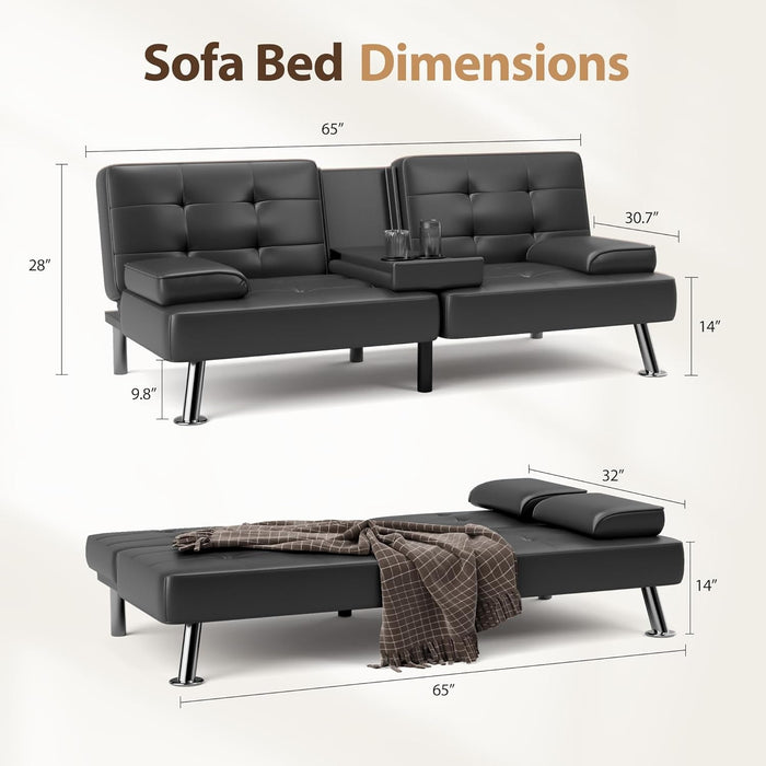 Convertible Futon Sofa Bed with Adjustable Backrest and Cup Holders - ShipItFurniture