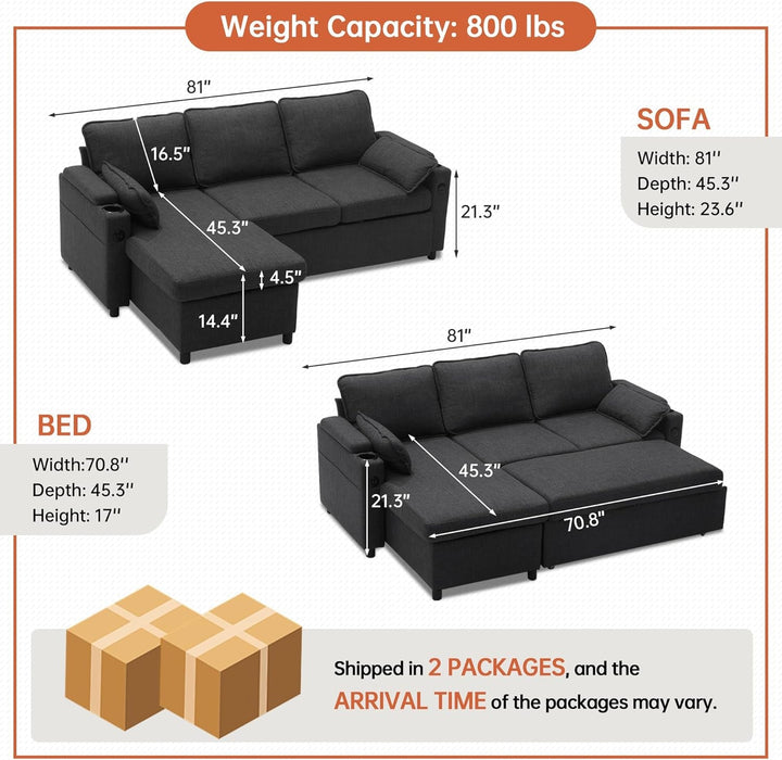 Convertible L - Shaped Sofa Bed with Storage and USB - ShipItFurniture
