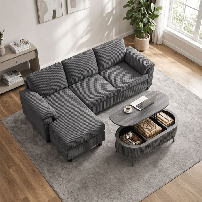 Overhead shot of the complete gray furniture set demonstrating multifunctionality and compact living space fit.