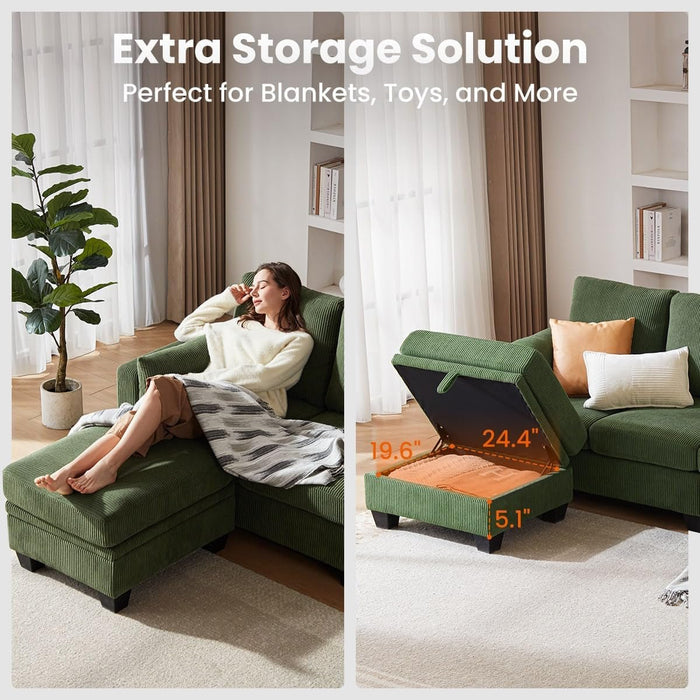 Corduroy Modular L Shaped Couch with Storage Ottoman - ShipItFurniture
