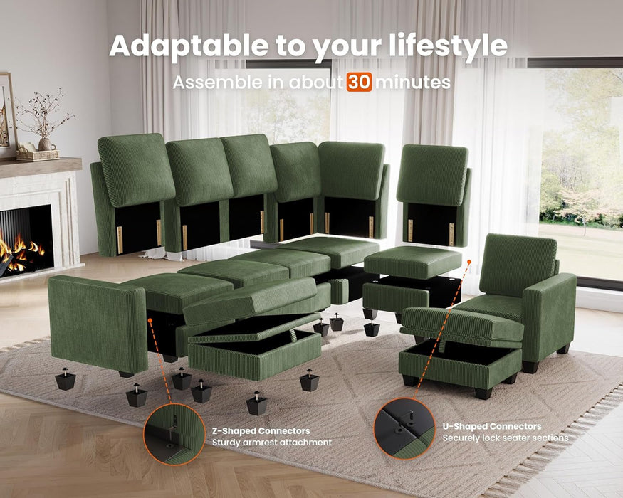 Corduroy Modular L Shaped Couch with Storage Ottoman - ShipItFurniture