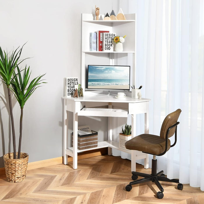 Corner Computer Desk with Hutch, Home Office Desk with Keyboard Tray & Storage Shelves, Triangle Study Writing Desk with Bookshelves, Workstation Desk for Small Space (White) - ShipItFurniture