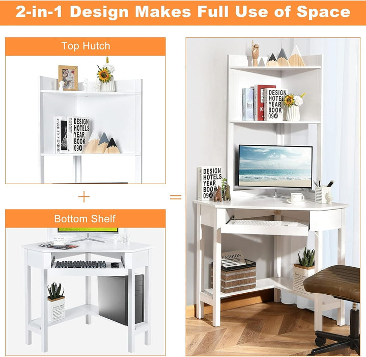 Corner Computer Desk with Hutch, Home Office Desk with Keyboard Tray & Storage Shelves, Triangle Study Writing Desk with Bookshelves, Workstation Desk for Small Space (White) - ShipItFurniture