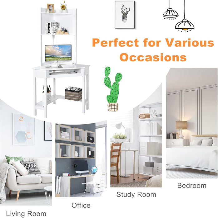 Corner Computer Desk with Hutch, Home Office Desk with Keyboard Tray & Storage Shelves, Triangle Study Writing Desk with Bookshelves, Workstation Desk for Small Space (White) - ShipItFurniture
