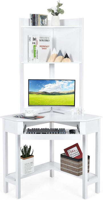 Corner Computer Desk with Hutch, Home Office Desk with Keyboard Tray & Storage Shelves, Triangle Study Writing Desk with Bookshelves, Workstation Desk for Small Space (White) - ShipItFurniture
