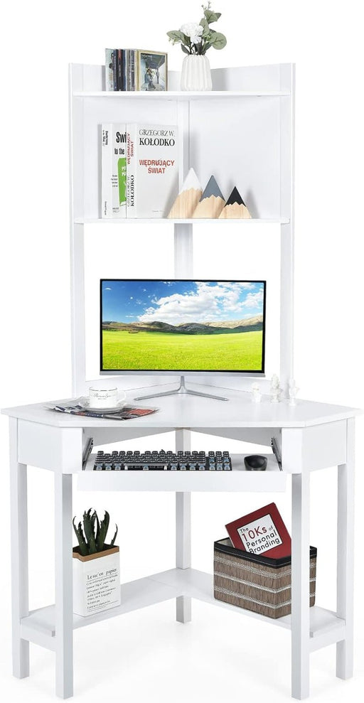 Corner Computer Desk with Hutch, Home Office Desk with Keyboard Tray & Storage Shelves, Triangle Study Writing Desk with Bookshelves, Workstation Desk for Small Space (White) - ShipItFurniture
