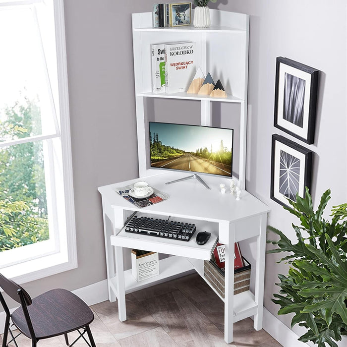 Corner Computer Desk with Hutch, Home Office Desk with Keyboard Tray & Storage Shelves, Triangle Study Writing Desk with Bookshelves, Workstation Desk for Small Space (White) - ShipItFurniture