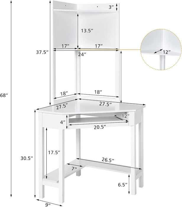 Corner Computer Desk with Hutch, Home Office Desk with Keyboard Tray & Storage Shelves, Triangle Study Writing Desk with Bookshelves, Workstation Desk for Small Space (White) - ShipItFurniture