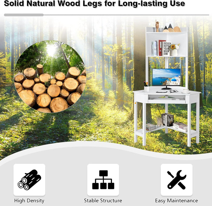 Corner Computer Desk with Hutch, Home Office Desk with Keyboard Tray & Storage Shelves, Triangle Study Writing Desk with Bookshelves, Workstation Desk for Small Space (White) - ShipItFurniture