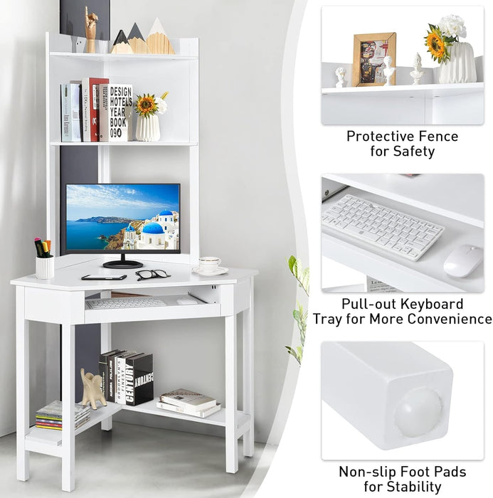Corner Computer Desk with Hutch, Home Office Desk with Keyboard Tray & Storage Shelves, Triangle Study Writing Desk with Bookshelves, Workstation Desk for Small Space (White) - ShipItFurniture