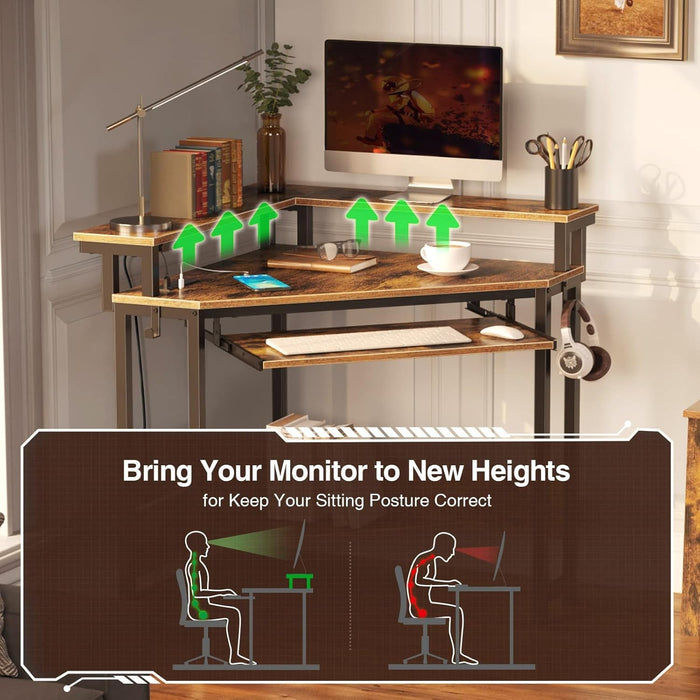 Corner Desk, 44.5" W X 34.5" H Small Computer Desk with Power Outlets, Gaming Desk with LED Lights, Triangle Corner Desk with Keyboard Tray & Monitor Stand for Small Space, Rustic Brown - ShipItFurniture