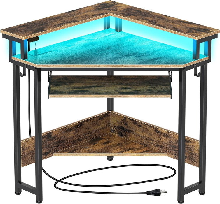 Corner Desk, 44.5" W X 34.5" H Small Computer Desk with Power Outlets, Gaming Desk with LED Lights, Triangle Corner Desk with Keyboard Tray & Monitor Stand for Small Space, Rustic Brown - ShipItFurniture