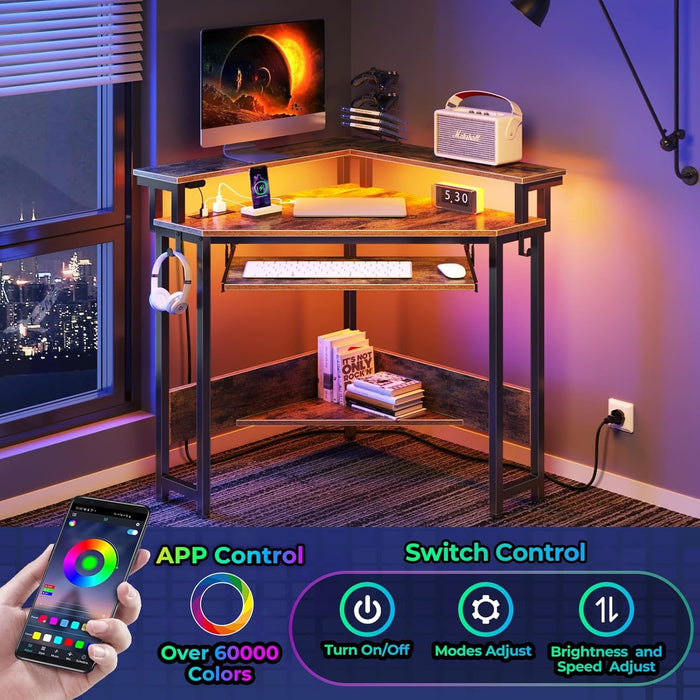 Corner Desk, 44.5" W X 34.5" H Small Computer Desk with Power Outlets, Gaming Desk with LED Lights, Triangle Corner Desk with Keyboard Tray & Monitor Stand for Small Space, Rustic Brown - ShipItFurniture