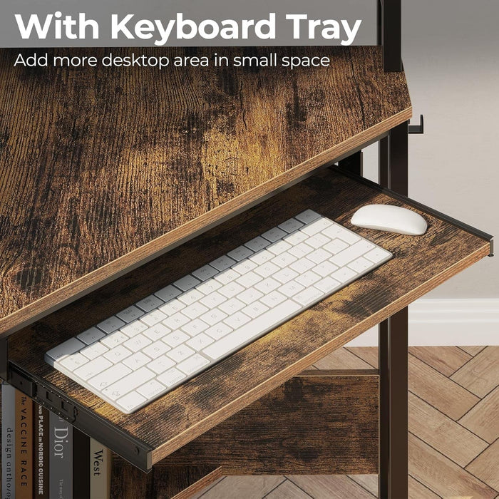 Corner Desk, 44.5" W X 34.5" H Small Computer Desk with Power Outlets, Gaming Desk with LED Lights, Triangle Corner Desk with Keyboard Tray & Monitor Stand for Small Space, Rustic Brown - ShipItFurniture