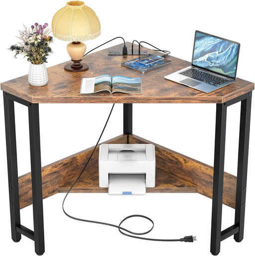 Corner Small Desk with Outlets Corner Table for Small Space Industrial Computer Desk with USB Ports Triangle Desk with Storage for Home Office, Workstation, Living Room, Bedroom, Rustic - ShipItFurniture