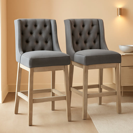 Counter Height Bar Stools Set of 2, 180 Degree Swivel Barstools, 27" Seat Height Bar Chairs with Solid Wood Footrests and Button Tufted Design, Gray - ShipItFurniture