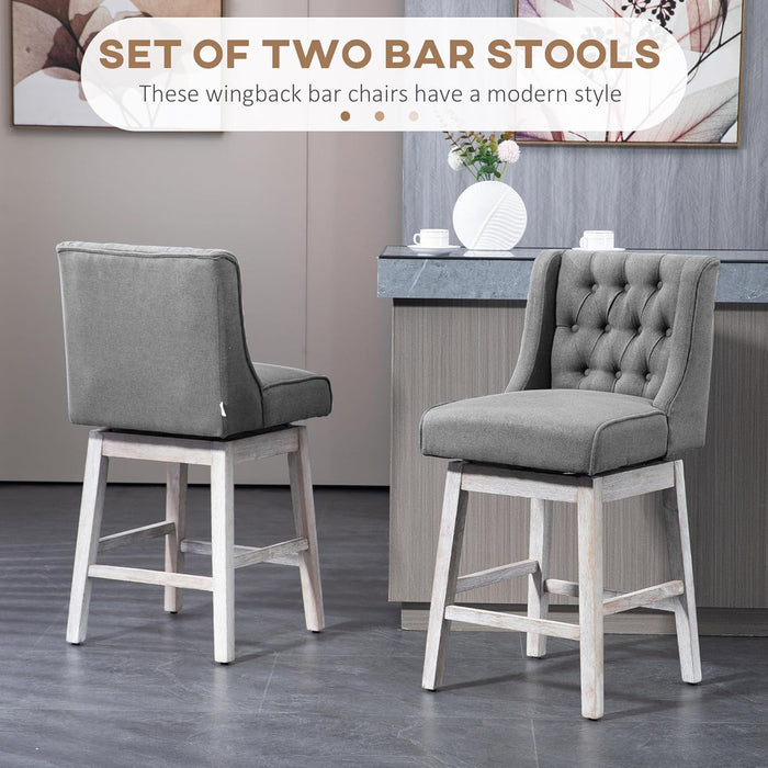 Counter Height Bar Stools Set of 2, 180 Degree Swivel Barstools, 27" Seat Height Bar Chairs with Solid Wood Footrests and Button Tufted Design, Gray - ShipItFurniture