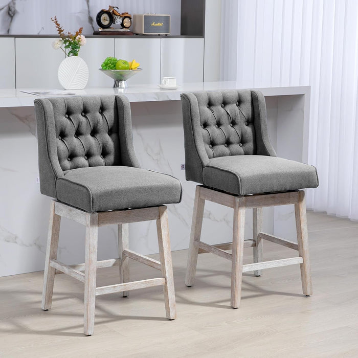 Counter Height Bar Stools Set of 2, 180 Degree Swivel Barstools, 27" Seat Height Bar Chairs with Solid Wood Footrests and Button Tufted Design, Gray - ShipItFurniture
