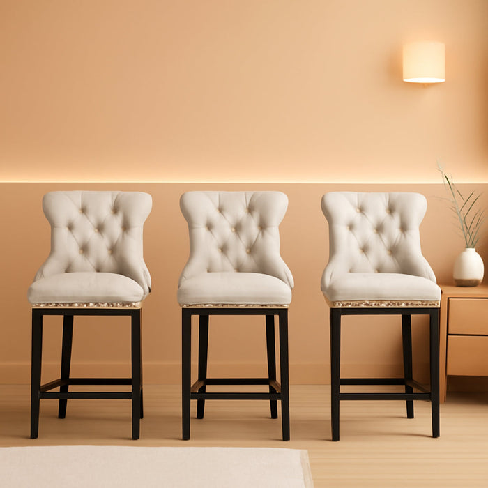 Counter Height Bar Stools Set of 3, 24" Modern Barstools with Back, Faux Leather Upholstery Counter Chairs with Metal Legs Rivet Decor for Kitchen Island, Bar, Counter, Beige - ShipItFurniture