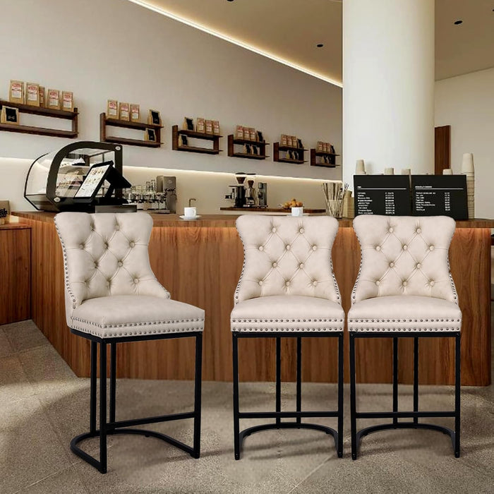 Counter Height Bar Stools Set of 3, 24" Modern Barstools with Back, Faux Leather Upholstery Counter Chairs with Metal Legs Rivet Decor for Kitchen Island, Bar, Counter, Beige - ShipItFurniture