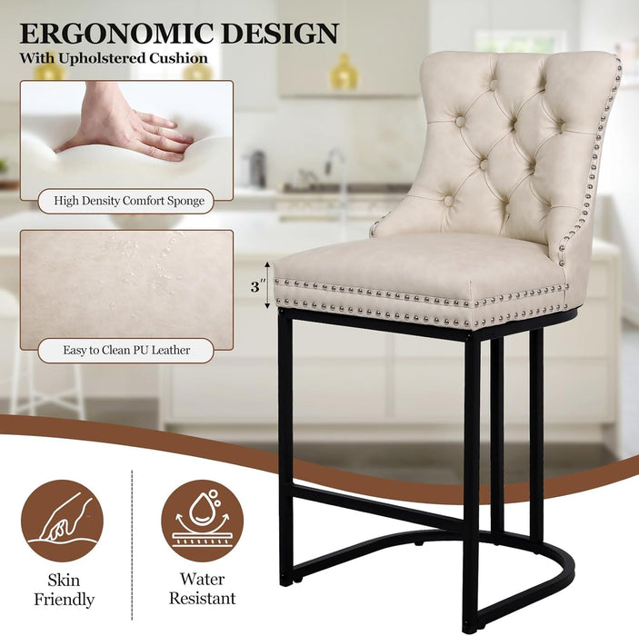 Counter Height Bar Stools Set of 3, 24" Modern Barstools with Back, Faux Leather Upholstery Counter Chairs with Metal Legs Rivet Decor for Kitchen Island, Bar, Counter, Beige - ShipItFurniture