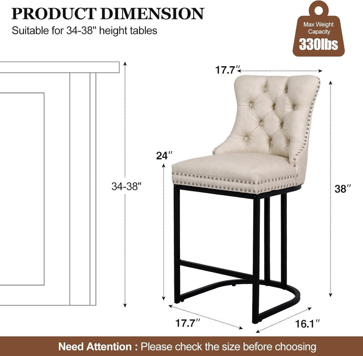 Counter Height Bar Stools Set of 3, 24" Modern Barstools with Back, Faux Leather Upholstery Counter Chairs with Metal Legs Rivet Decor for Kitchen Island, Bar, Counter, Beige - ShipItFurniture