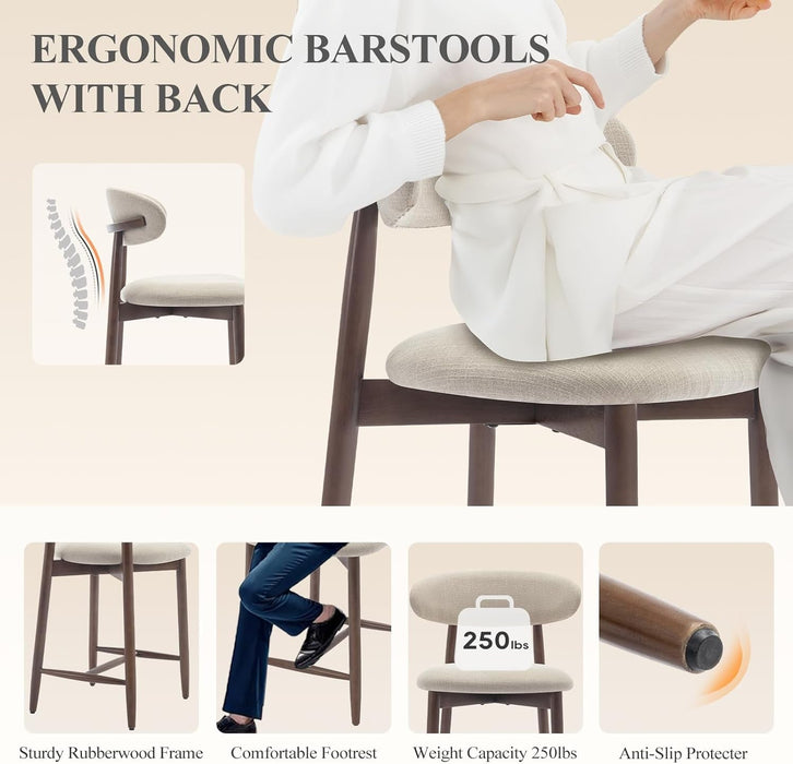 Counter Height Bar Stools Set of 3, Kitchen Bar Stools with Back, Mid Century Modern Upholstered, with Wood Legs for Kitchen Island Dining Room Bar, Beige - ShipItFurniture